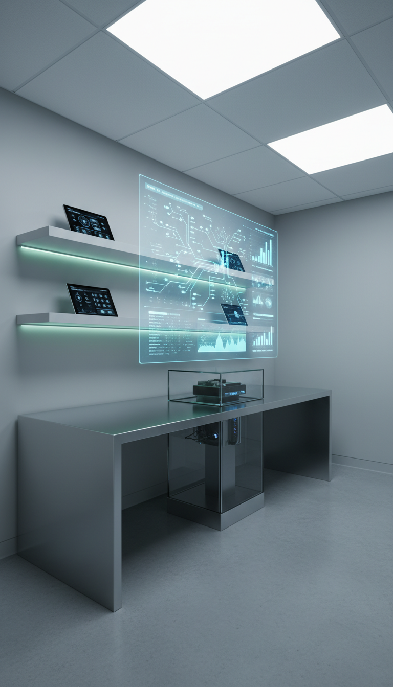 A sleek, glass-encased medical server terminal with a luminous blue holographic display emanating intricate data streams and charts, positioned on a spotless, brushed aluminum desk in a state-of-the-art clinical workspace. The environment is meticulously organized, featuring minimalistic shelves with digital tablets and soft-green accent lighting reflecting subtle technological sophistication. Bright, even LED panel lighting bathes the scene in a crisp, clinical glow, casting clean lines and soft shadows. The mood is confident and modern, with an air of trust and efficiency. Shot from an eye-level perspective with the terminal centered, using sharp focus throughout to emphasize clarity and innovation. The overall style is clean, modern, and advanced, perfectly tailored to represent high-end medical software environments.